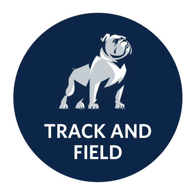 Track and Field logo, navy circle with white text and bulldog icon variant