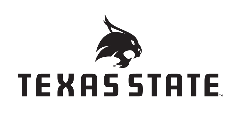 Bobcat head with Texas State wordmark, stacked lockup black and white variant, cell 38