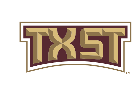 TXST lettermark, maroon/gold variant, cell 7