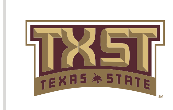 TXST lettermark with Texas State banner, maroon/gold, maroon banner variant, cell 9