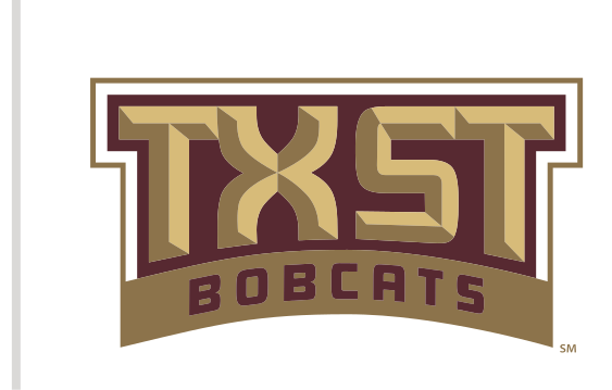 TXST lettermark with Bobcats banner, maroon/gold variant, cell 13