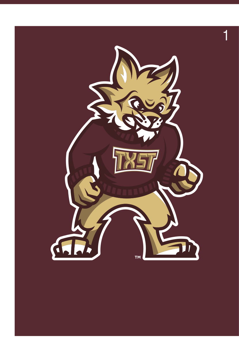 Boko the Bobcat mascot, full color standing on maroon variant, cell 16