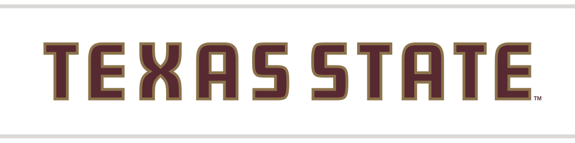 Texas State wordmark, horizontal maroon and gold variant, cell 25