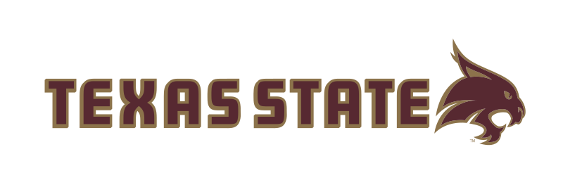 Texas State wordmark with Bobcat head, horizontal lockup maroon and gold variant, cell 35