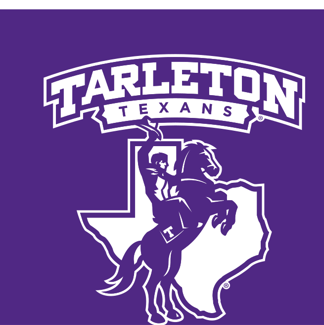 Mascot with Tarleton Texans wordmark, white on purple variant, cell 21