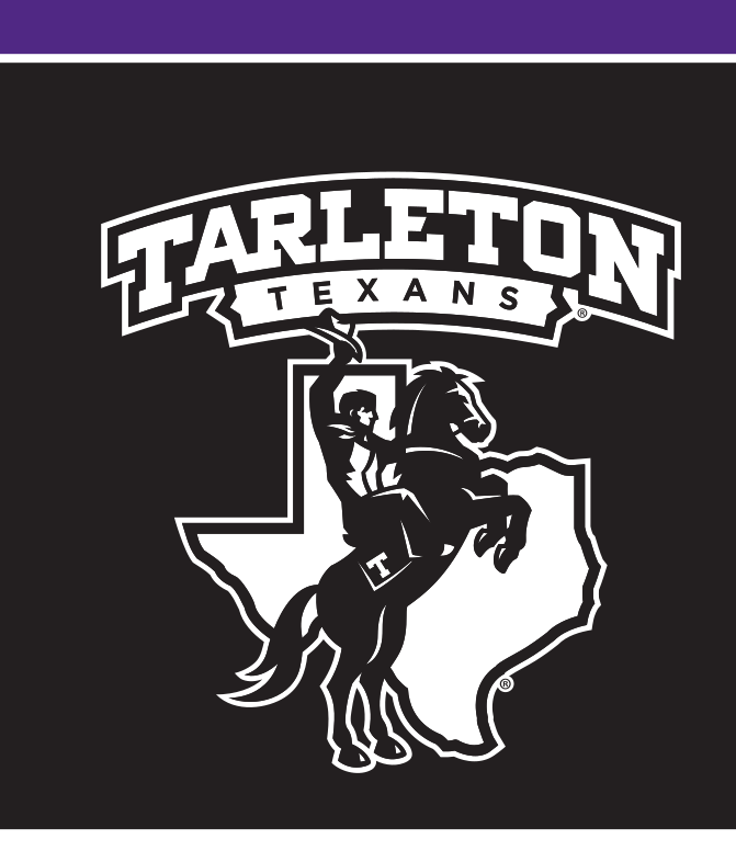 Mascot with Tarleton Texans wordmark, white on black variant, cell 25