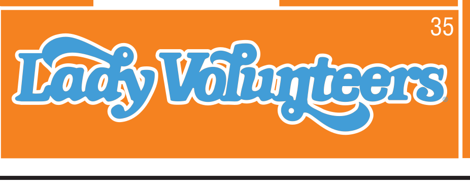 Lady Volunteers script wordmark, blue/white on orange variant, cell 35