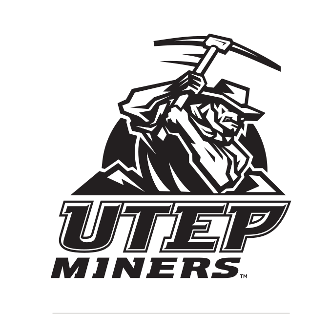 Paydirt Pete mascot with UTEP MINERS wordmark, black variant, cell 23