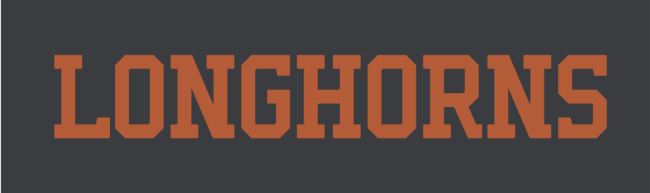 LONGHORNS wordmark, straight, orange on dark grey variant, cell 49