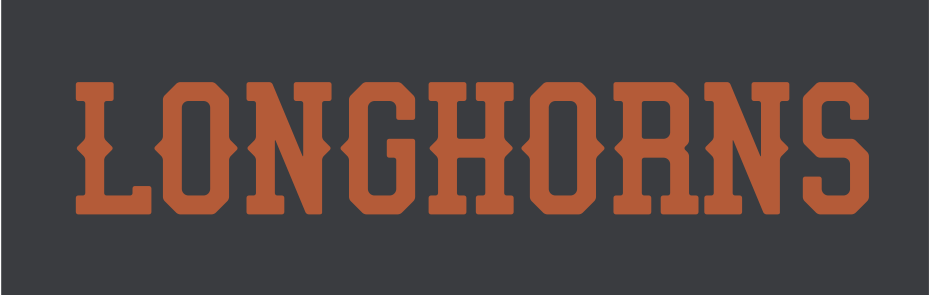 LONGHORNS wordmark, arched, orange on dark grey variant, cell 79