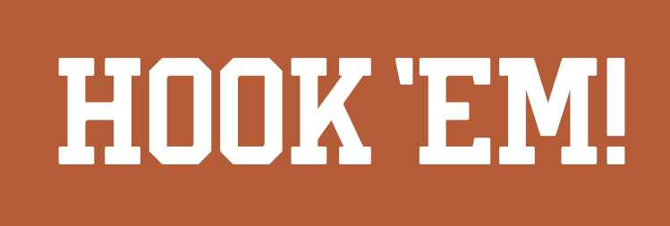 HOOK 'EM! wordmark, straight, white on orange variant, cell 53
