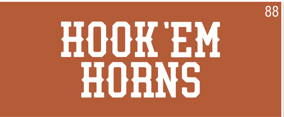 HOOK 'EM HORNS wordmark, white on orange variant, cell 88
