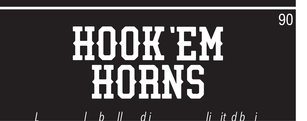 HOOK 'EM HORNS wordmark, white on black variant, cell 90