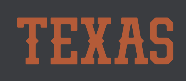 TEXAS wordmark, straight, orange on dark grey variant, cell 69