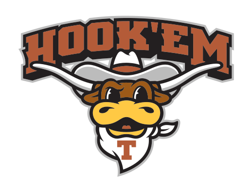 Hook 'Em mascot head with wordmark, color variant, cell 121