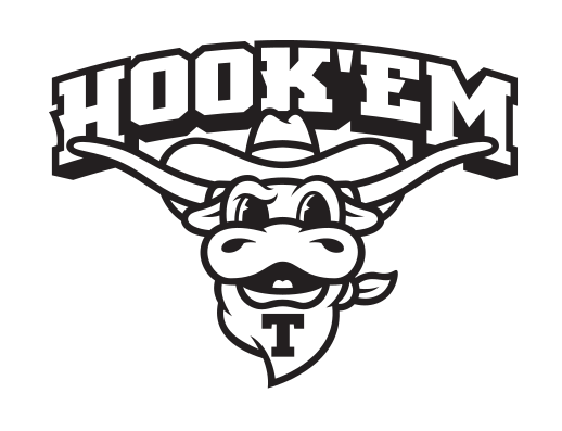 Hook 'Em mascot head with wordmark, black and white variant, cell 122