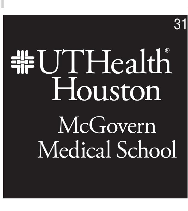 McGovern Medical School logo, vertical, white, outlined icon, black background variant, cell 31