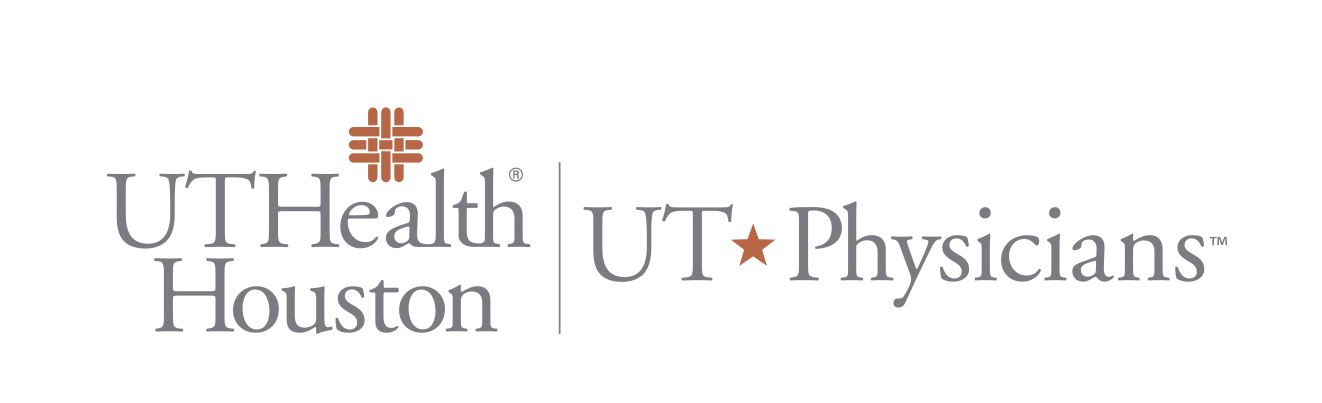 UTHealth Houston and UT Physicians lockup, horizontal, icon top, 1-line UTHealth Houston, color variant, cell 97