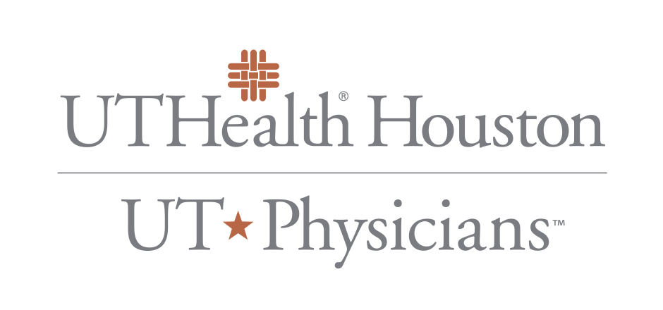 UTHealth Houston and UT Physicians lockup, stacked, icon top, 1-line UTHealth Houston, color variant, cell 98