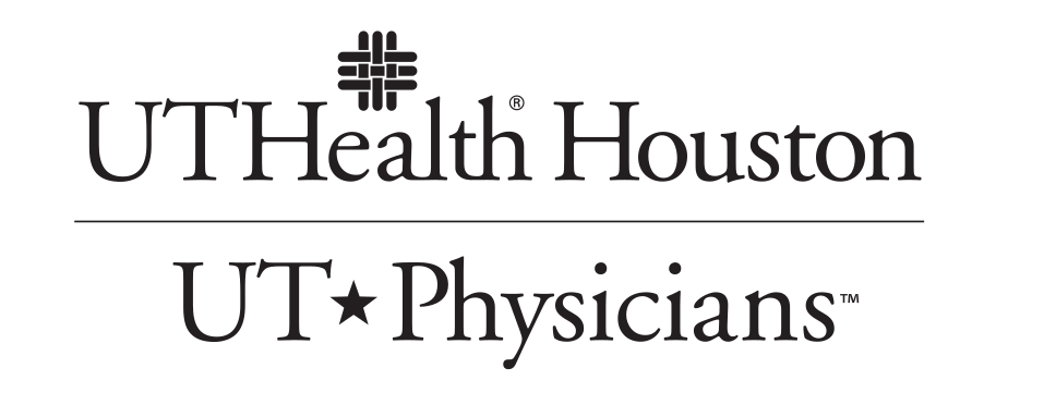 UTHealth Houston and UT Physicians lockup, stacked, icon top, 2-line UTHealth Houston, black variant, cell 104