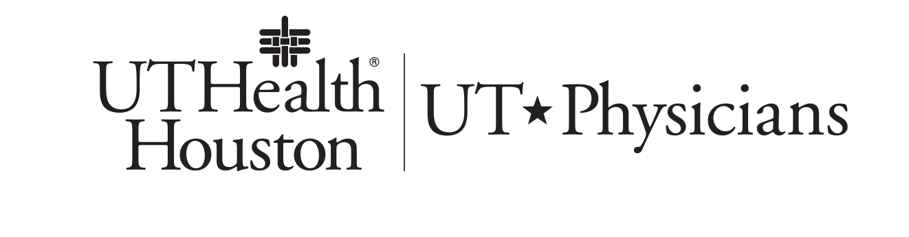 UTHealth Houston and UT Physicians lockup, horizontal, icon top, 1-line UTHealth Houston, black variant, cell 105