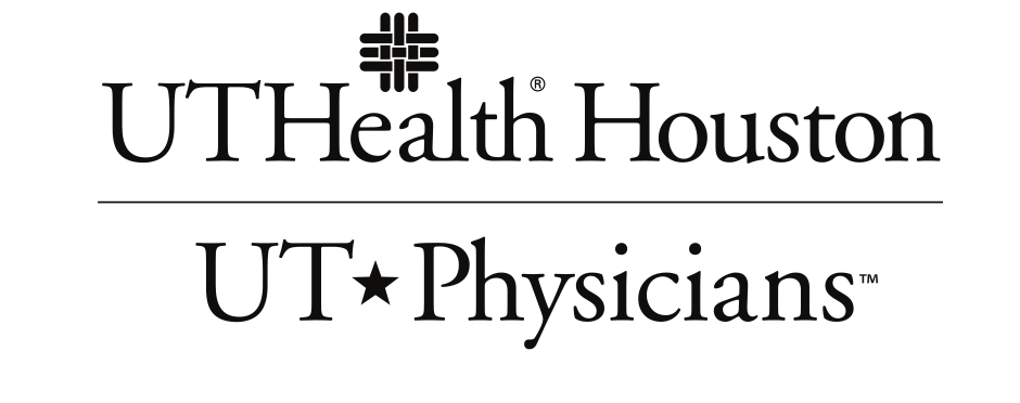 UTHealth Houston and UT Physicians lockup, stacked, icon top, 1-line UTHealth Houston, black variant, cell 106