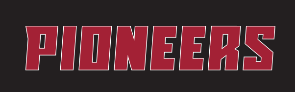 Pioneers wordmark, maroon on gray variant