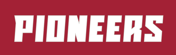 Pioneers wordmark, white on maroon variant