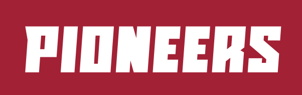 Pioneers wordmark, white on black variant