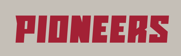 Pioneers wordmark, white on gray variant