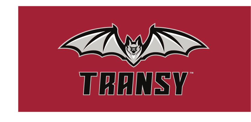 Bat mascot with Transy wordmark, white on maroon variant