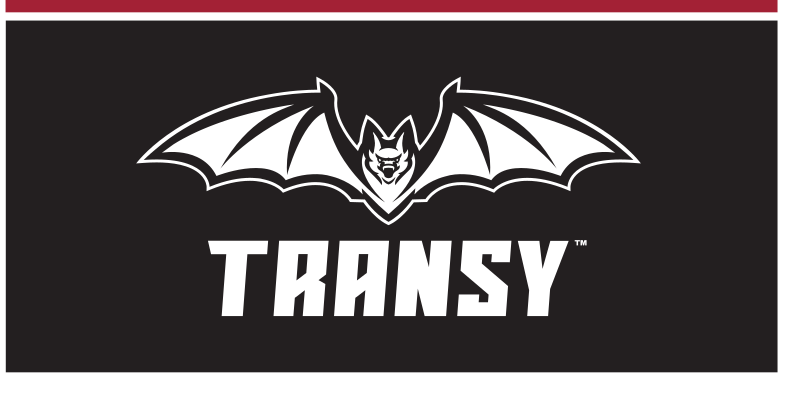 Bat mascot with Transy wordmark, white on black variant
