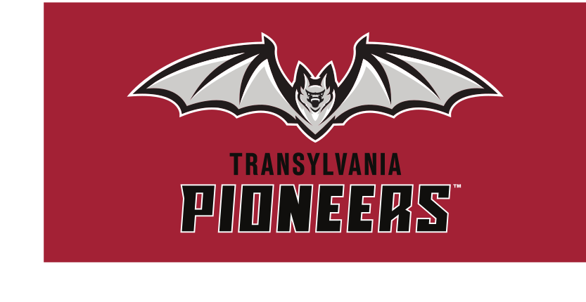 Bat mascot with Transylvania Pioneers wordmark, white on maroon variant