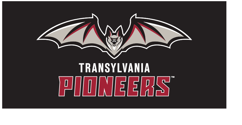 Bat mascot with Transylvania Pioneers wordmark, white on black variant