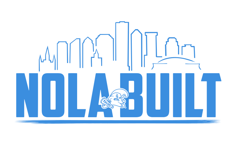 Nola Built wordmark with skyline, blue variant, cell 46