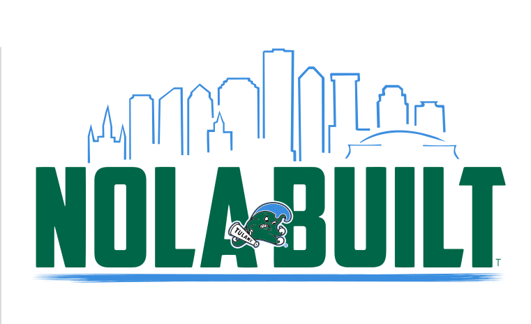 Nola Built wordmark with skyline, green and blue variant, cell 47
