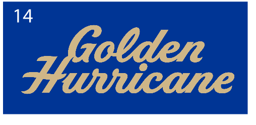 Golden Hurricane script stacked, gold on blue variant, cell 14