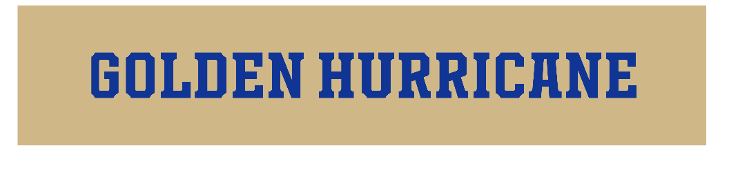 GOLDEN HURRICANE wordmark, horizontal, blue on gold variant, cell 32