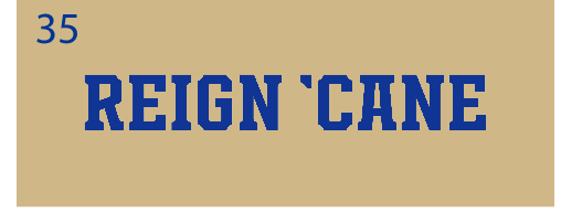 REIGN 'CANE wordmark, blue on gold variant, cell 35
