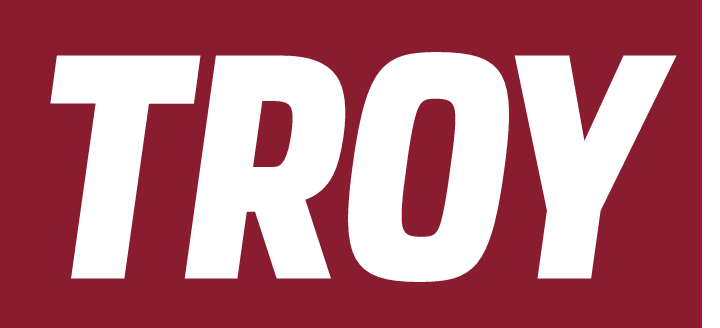 TROY wordmark, white on cardinal variant