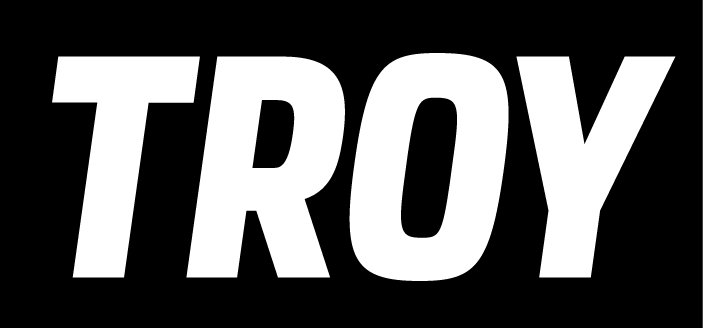TROY wordmark, white on black variant