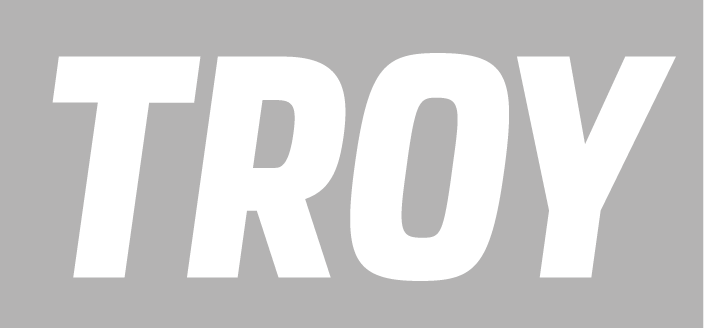 TROY wordmark, white on grey variant
