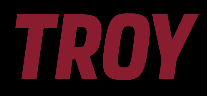 TROY wordmark, cardinal on black variant
