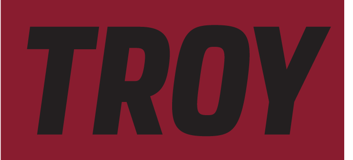 TROY wordmark, black on cardinal variant