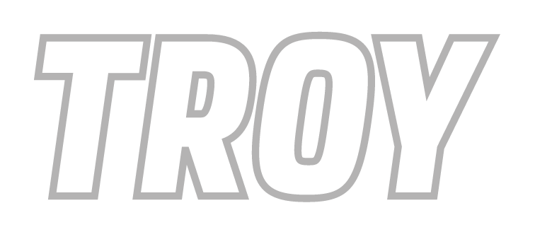TROY wordmark, white with grey outline variant