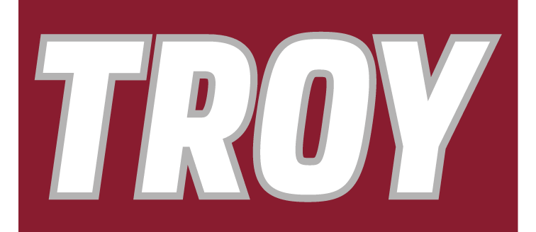 TROY wordmark, white with grey outline on cardinal background variant