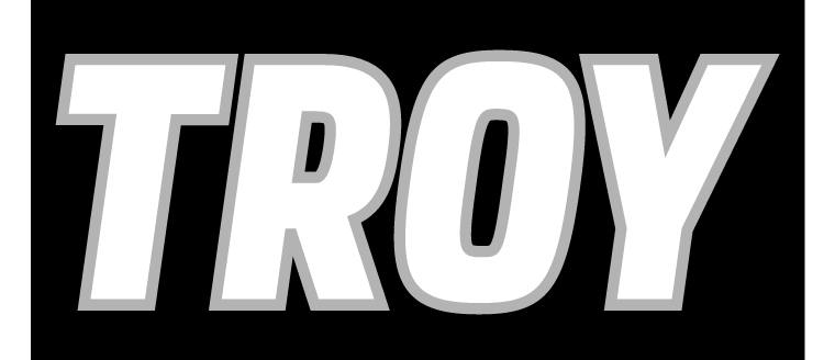 TROY wordmark, white with grey outline on black background variant