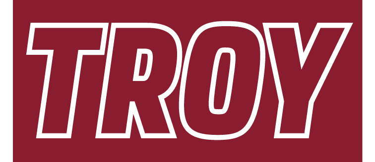 TROY wordmark, cardinal with white outline on cardinal background variant
