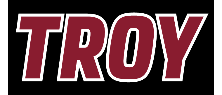 TROY wordmark, cardinal with white outline on black background variant