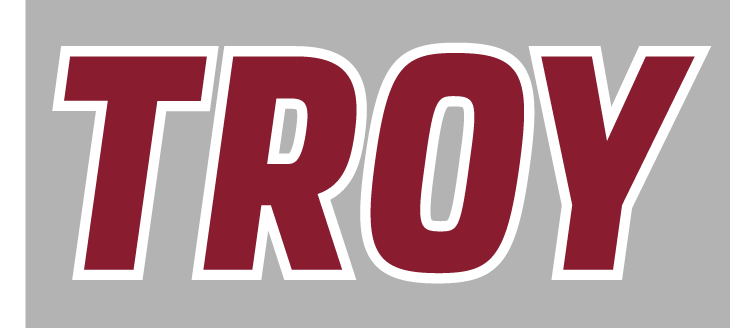 TROY wordmark, cardinal with white outline on grey background variant